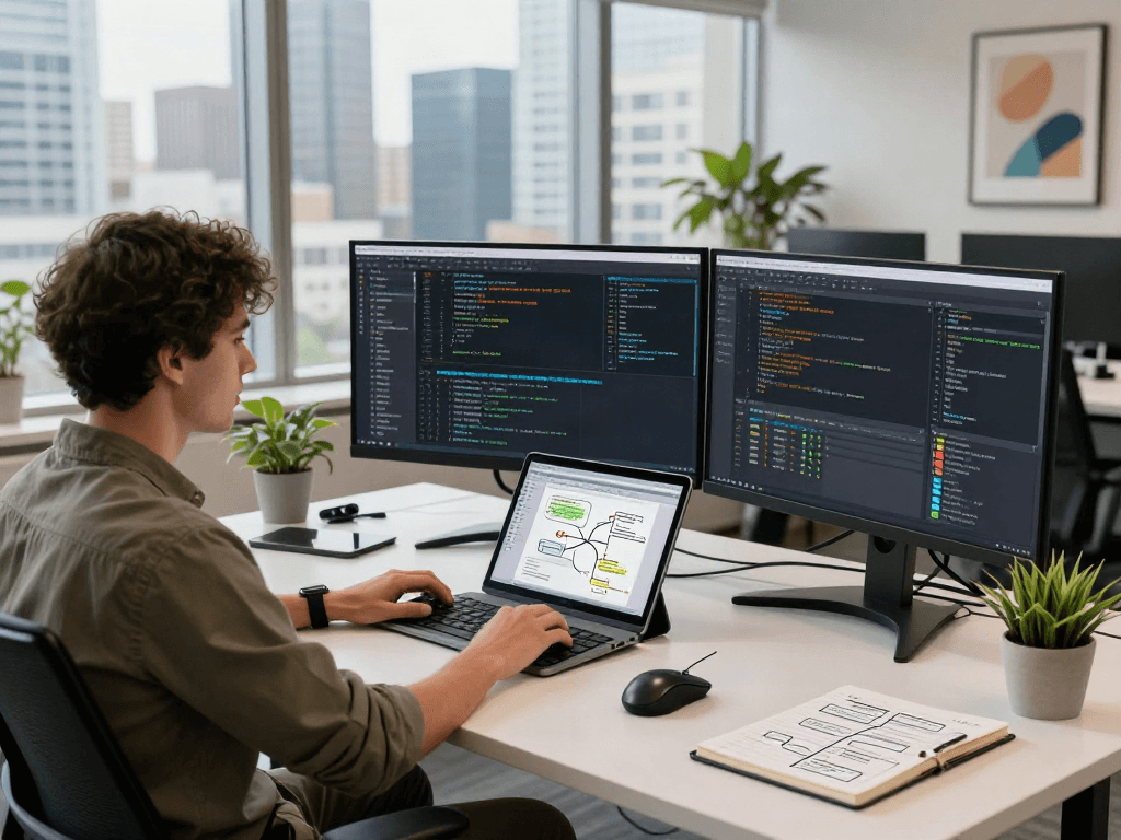 Scène de développeur travaillant sur Atlas pro dans un bureau moderne.