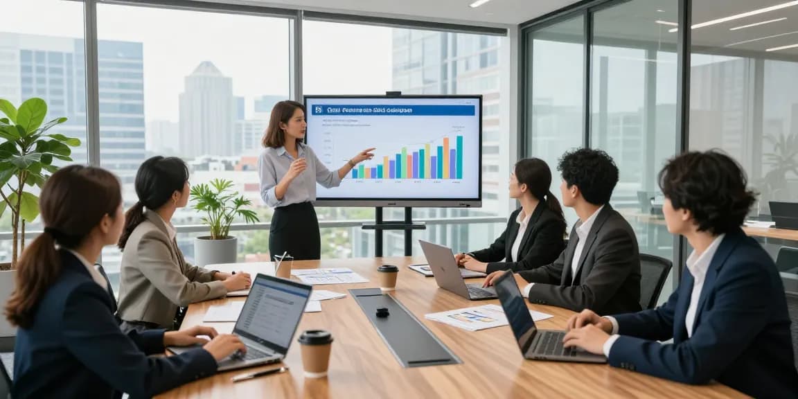 Collaborative business team analyzing data during a meeting about Lead Roedl's strategies in a modern office.