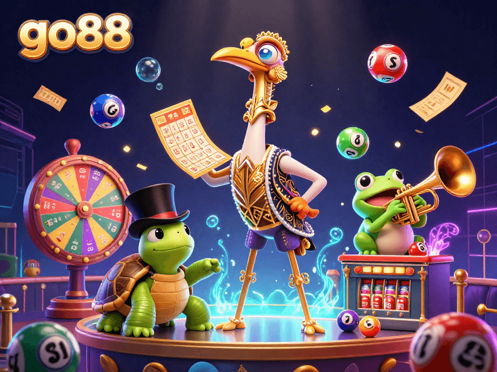 Experience the excitement of go88 with dazzling lottery elements, an art deco crane, and a vibrant casino atmosphere.