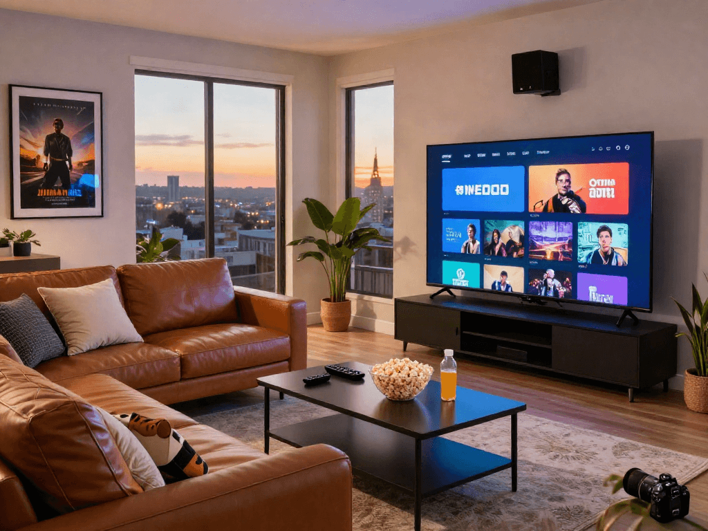 Iron tv pro showcasing a stylish home entertainment setup with plush seating and vibrant TV display.