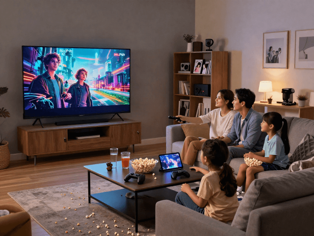 Famille profitant du cinéma à domicile avec Iron tv pro, écran animé, ambiance chaleureuse.