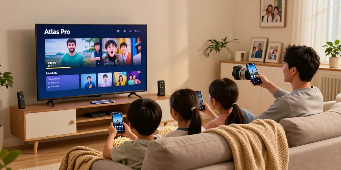 Famille regardant l'application atlas pro ontv sur leur Smart TV avec une ambiance chaleureuse.