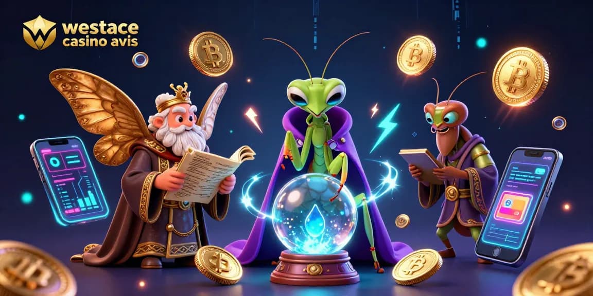 Découvrez les avis sur WestAce casino à travers une illustration animée captivante démontrant des éléments de jeux de casino.