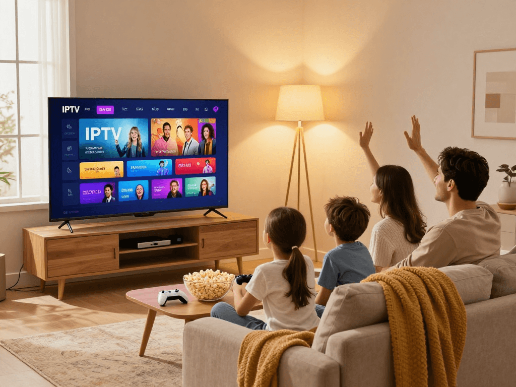 Famille regardant Iron tv pro sur Smart TV en 4K dans un salon chaleureux