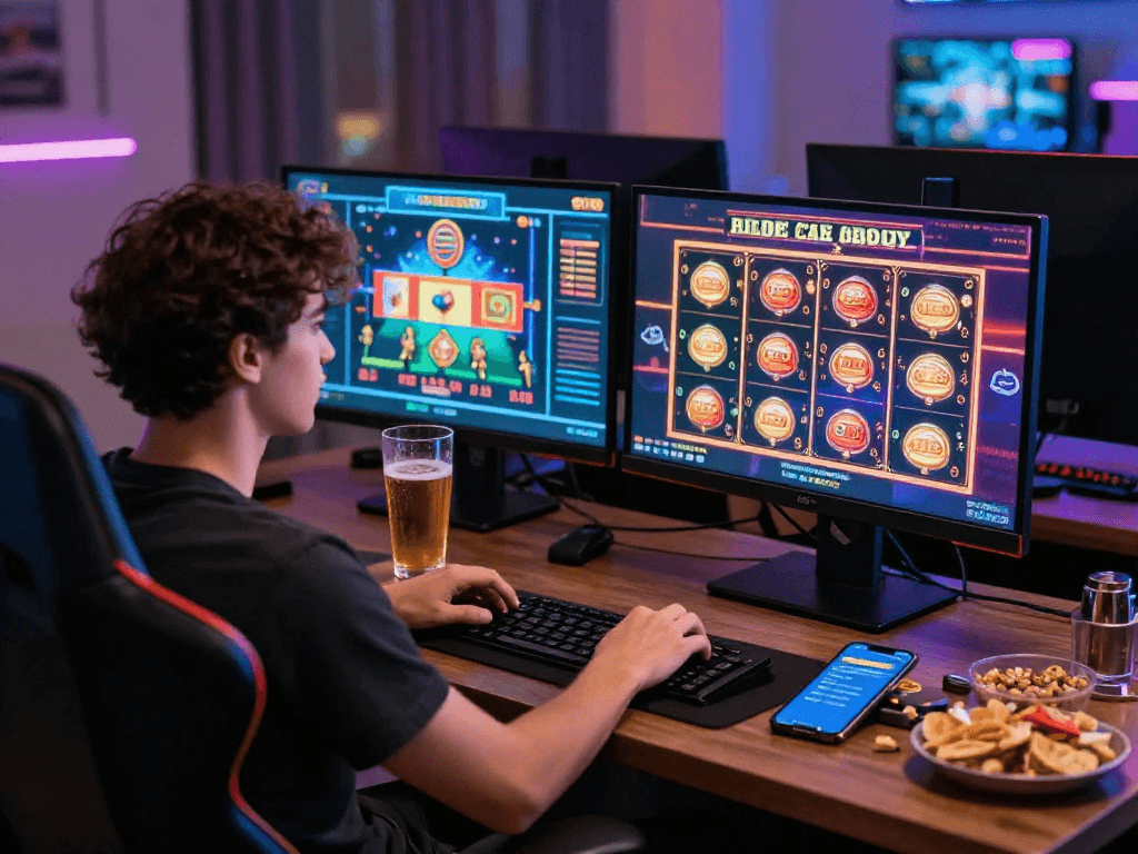 Joueur de casino en ligne profitant d'une session de jeu immersive avec des graphiques colorés et une ambiance moderne.