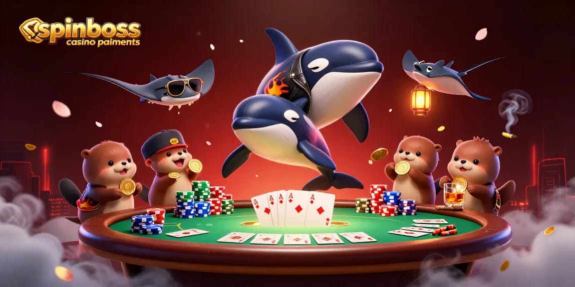 Dépôts et retraits à SpinBoss casino paiements : scène dynamique avec une orque, une raie et des loutres.