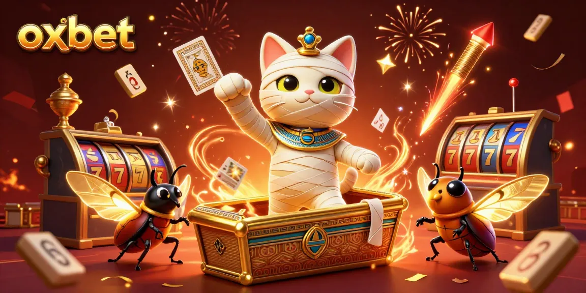 Join the action at oxbet with a vibrant scene of a mummy cat in a casino bursting with games and excitement.