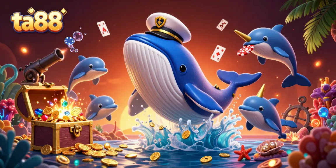 Engage in winning strategies at ta88 with a whimsical underwater casino scene featuring playful dolphins and treasure.