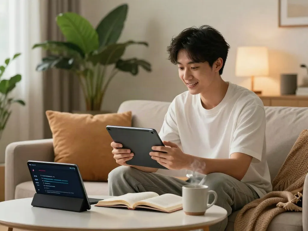 Engaging digital chat scene with user on https://companion.crushon.ai/ in cozy living room.