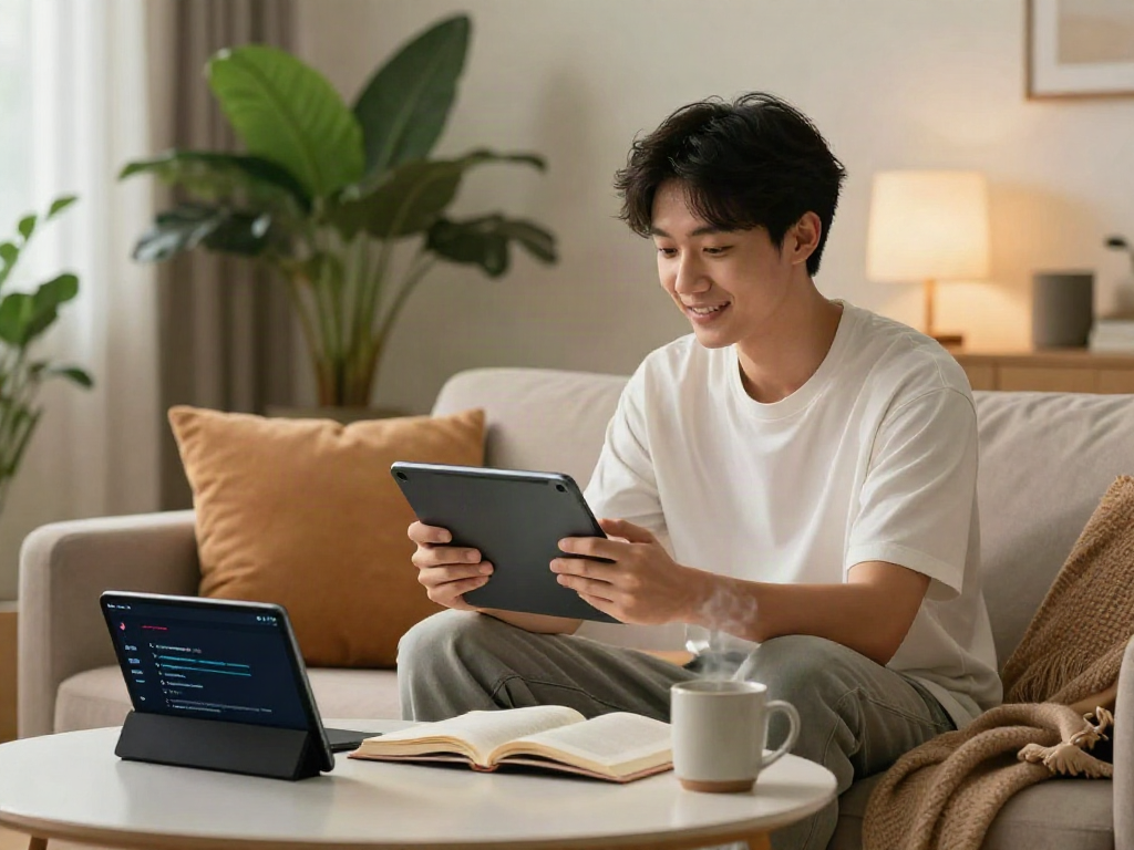 Engaging digital chat scene with user on https://companion.crushon.ai/ in cozy living room.