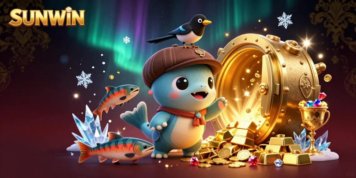 SUNWIN illustrates a vibrant casino experience with a playful Nessie and gem treasures captivating players.