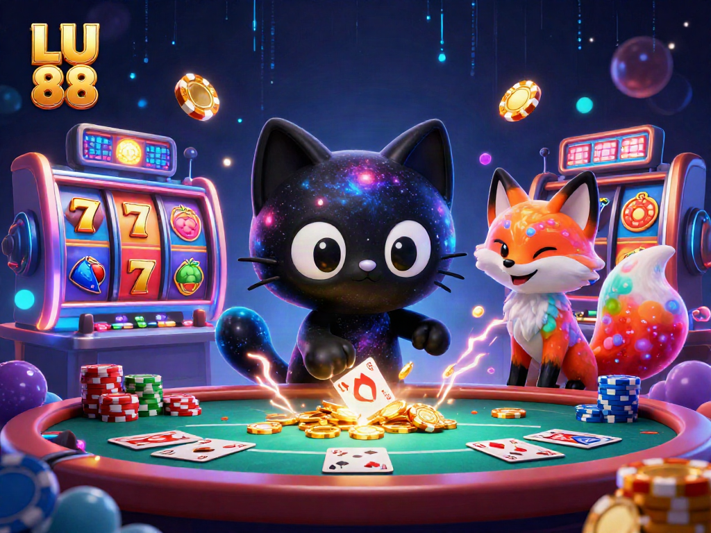 Play exciting casino games with LU 88 in a vibrant cosmic setting, filled with colorful characters and bright slot machines.