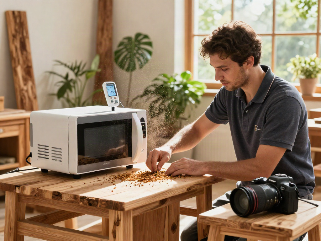 Traitement Shashel® des bois contre les insectes, technicien utilisant un appareil à micro-ondes dans un cadre écologique.