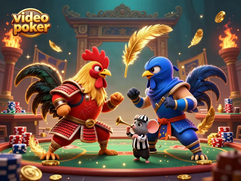 Engaging video poker scene with fighting roosters, chips, and poker tables highlighting gameplay.