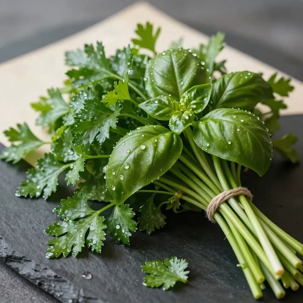 Bouquet d’herbes fraîches mouillées sur pierre sombre, vue zénithale serrée.