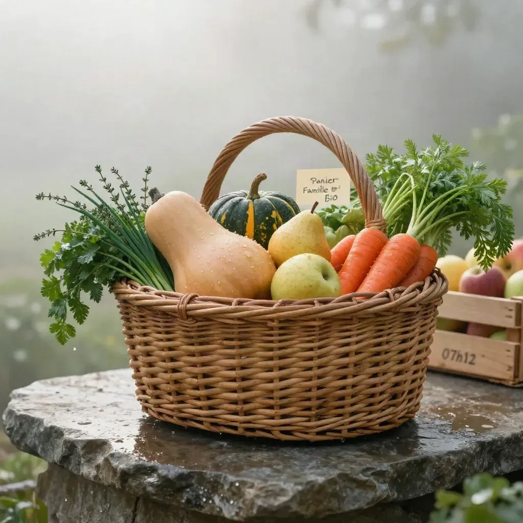 Grand panier bio en osier avec fruits, légumes et herbes sur pierre humide au petit matin.