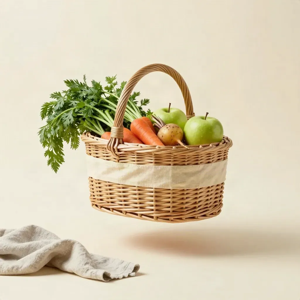 Panier en osier avec légumes, pommes vertes et herbes sur fond crème brumeux.
