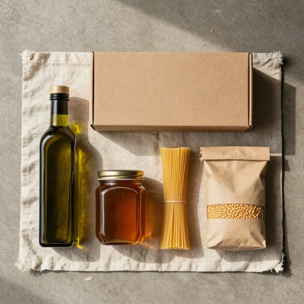 Coffret épicerie locale en kraft avec huile, miel, pâtes et lentilles sur toile brute.