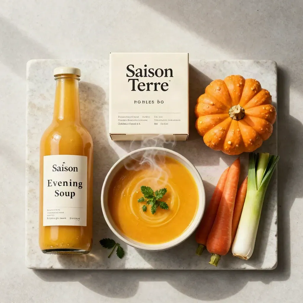 Vue zénithale d’un bol fumant de velouté de courge avec légumes et coffret crème.