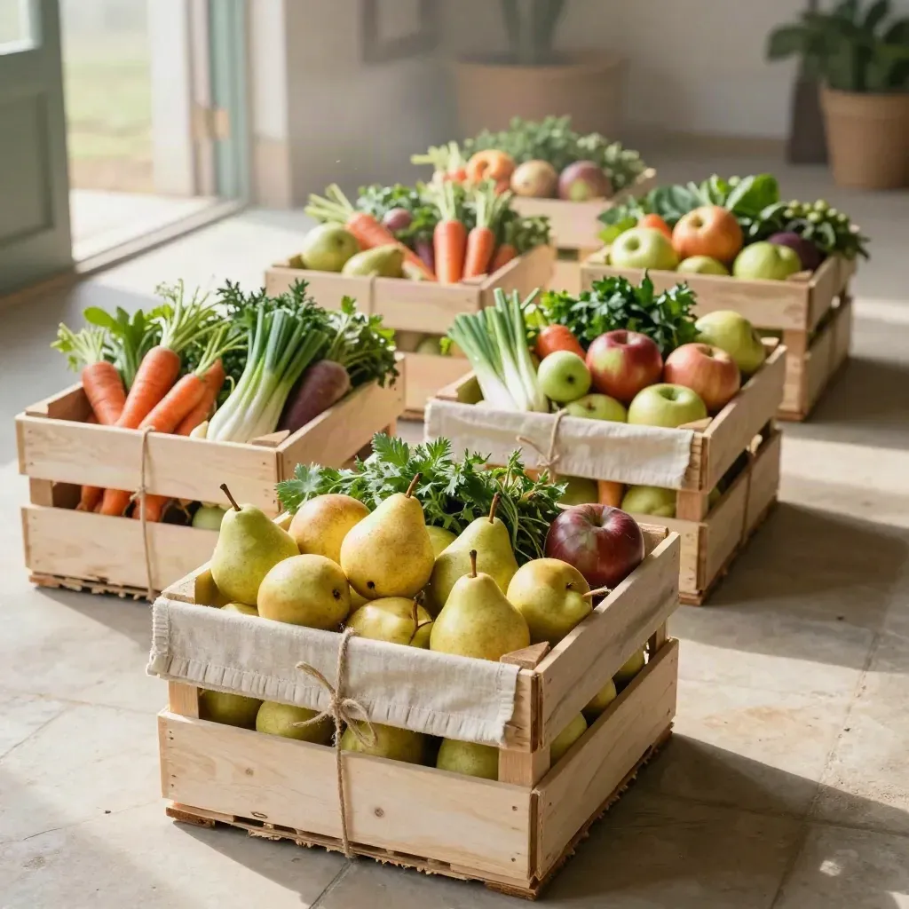 Caisses de légumes et fruits en diagonale, lumière douce, ambiance ferme fraîche.