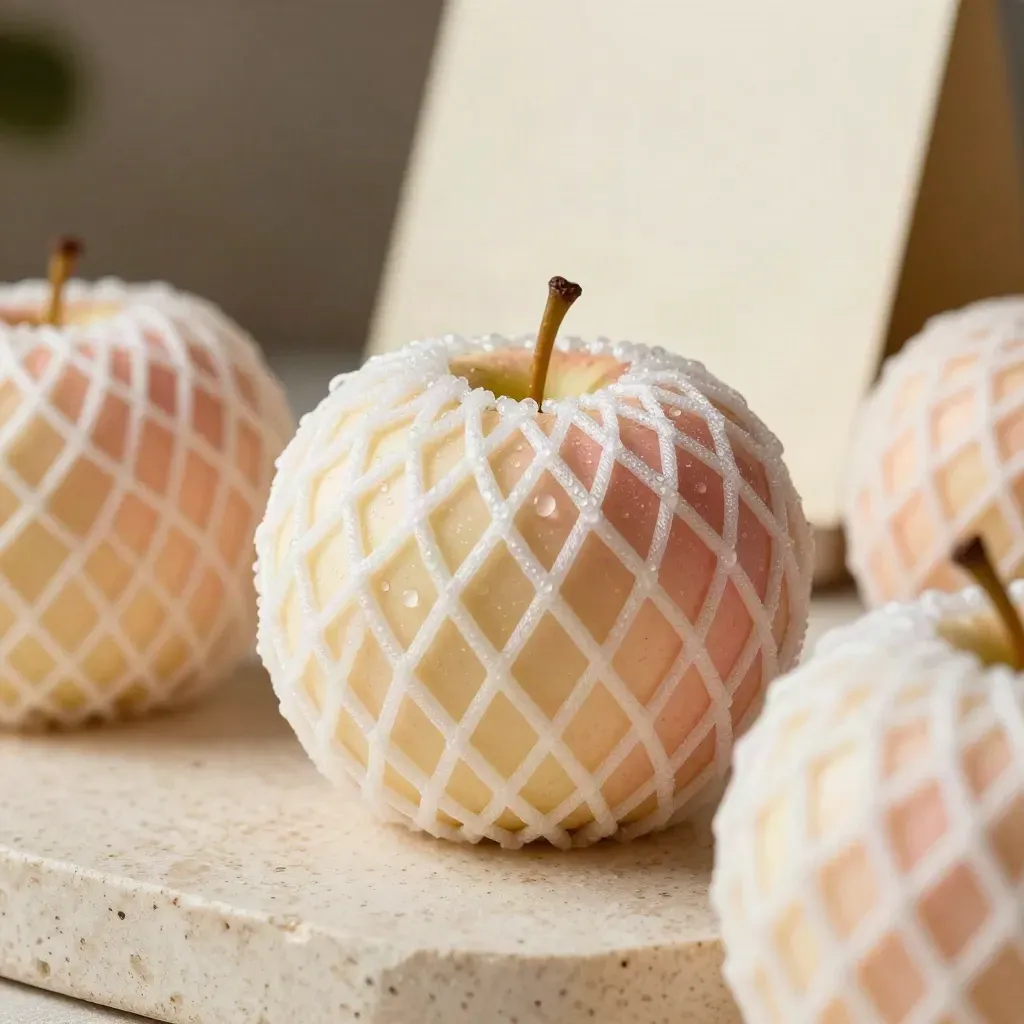 Gros plan d’un filet de pommes Pink Lady bio perlées, sur pierre travertin crème.