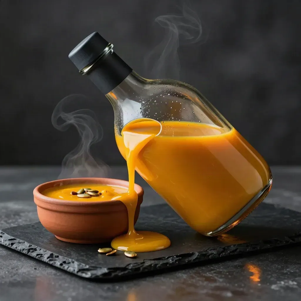 Bouteille de soupe de courge bio inclinée, vapeur légère et bol de service en terre cuite.