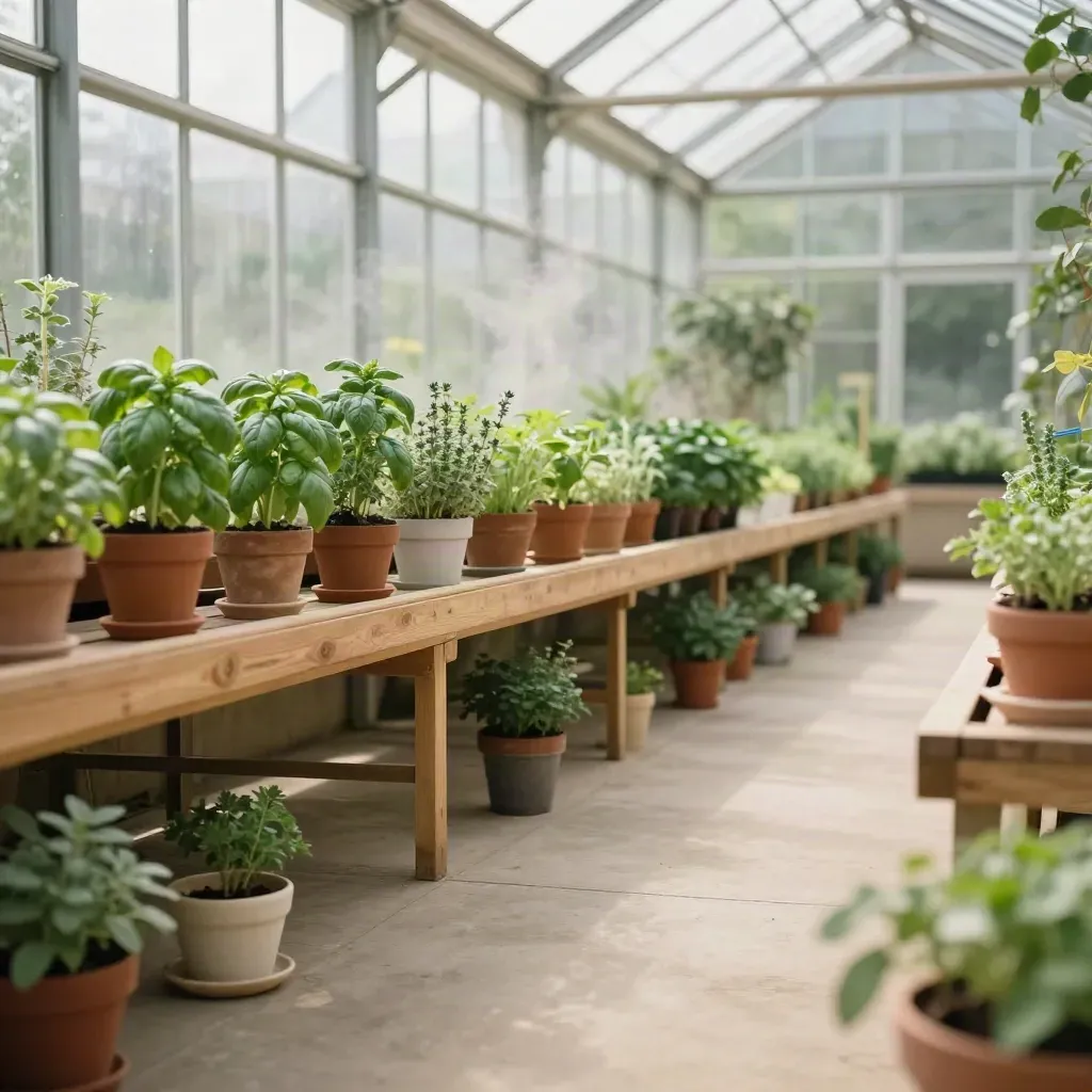 Serre lumineuse avec pots d’herbes fraîches et vapeur du matin.