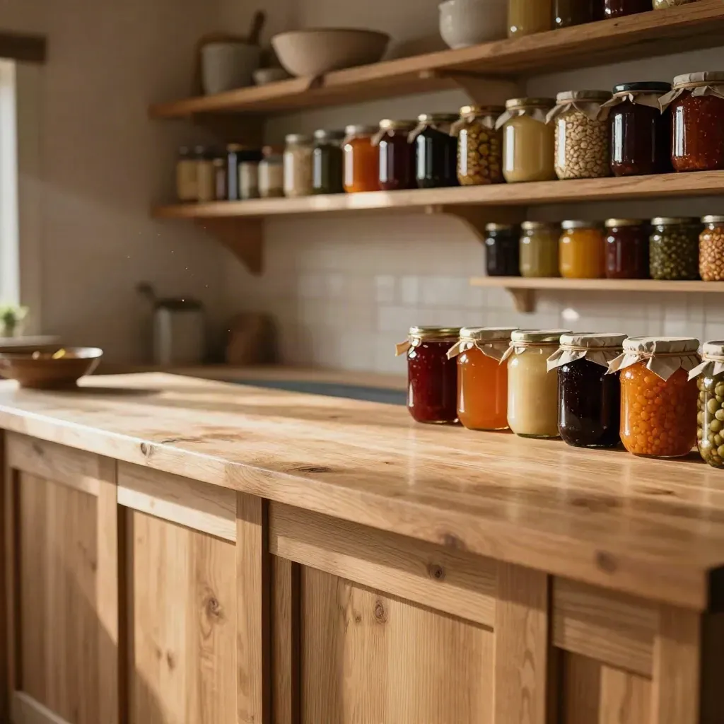 Intérieur de ferme-boutique en bois brut, bocaux flous en haut, grand plan vide en bas.