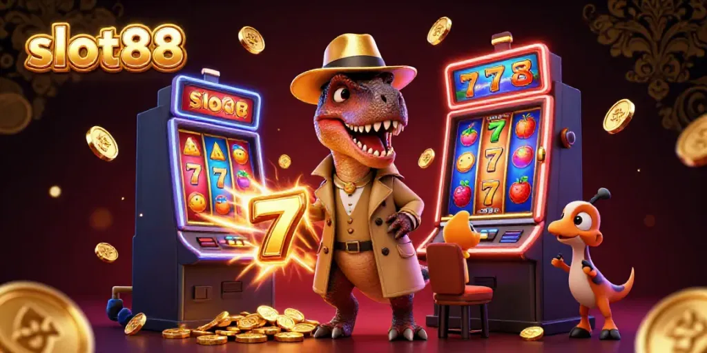 Engaging scene featuring a velociraptor card counter and slot88 slot machine with vibrant symbols and jackpot elements.