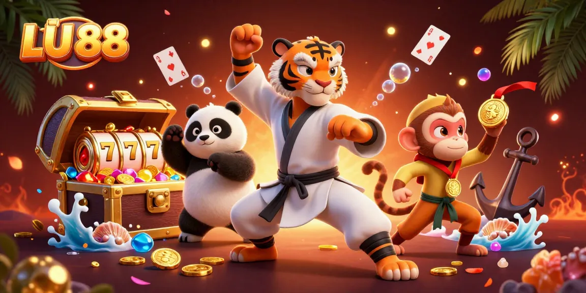 Experience thrilling slots action with LU 88's vibrant characters and elements in a dynamic digital illustration.