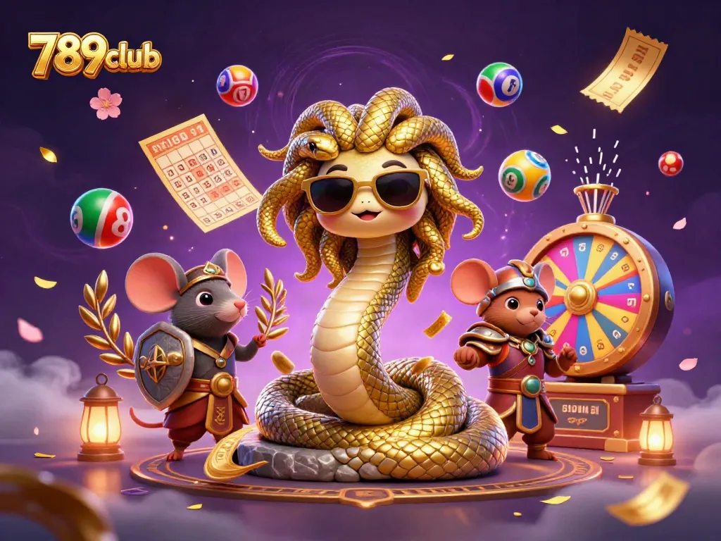 Engage with 789club’s vibrant gaming scene featuring Medusa and a warrior mouse among dynamic lottery elements.