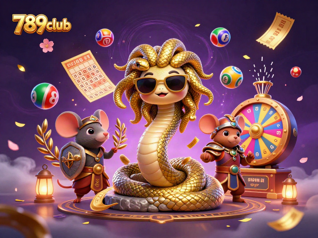 Engage with 789club’s vibrant gaming scene featuring Medusa and a warrior mouse among dynamic lottery elements.