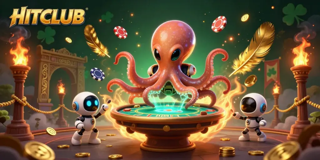 HITCLUB showcases a vibrant alien octopus masterfully dealing poker in a lively cosmic casino.