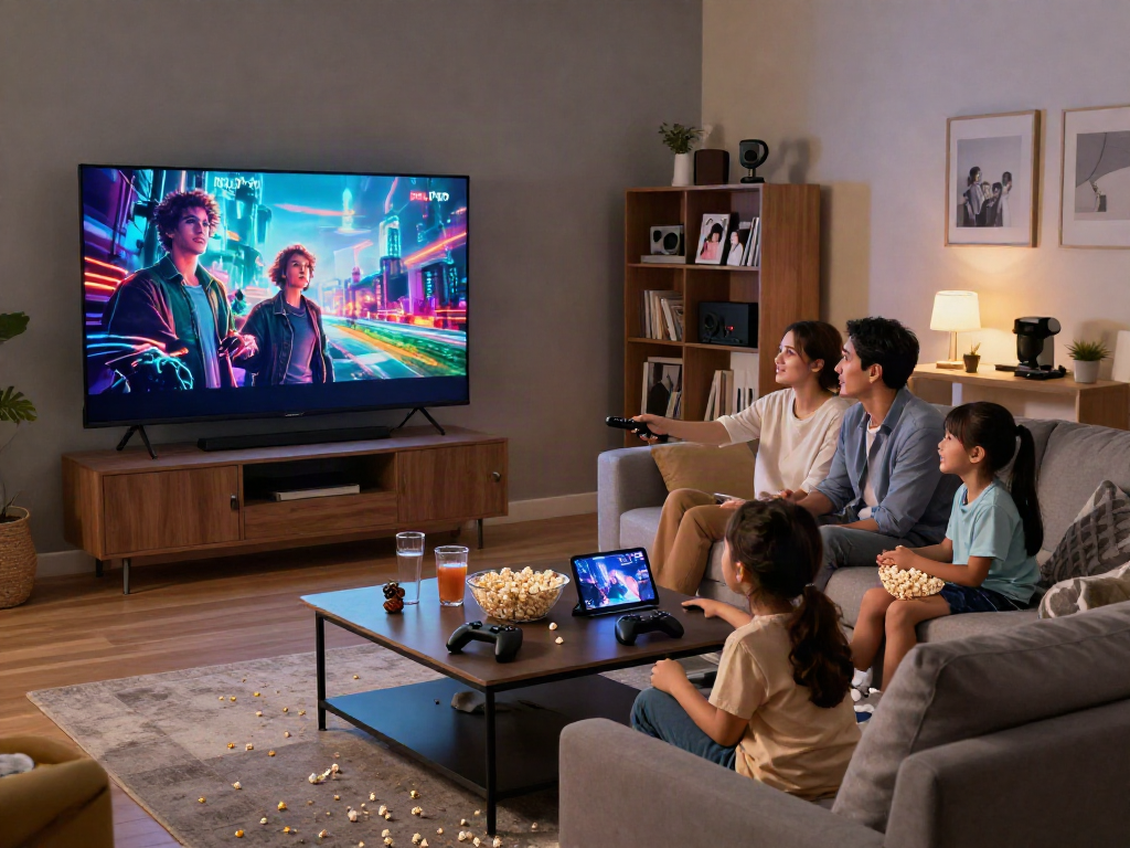 Famille profitant du cinéma à domicile avec Iron tv pro, écran animé, ambiance chaleureuse.