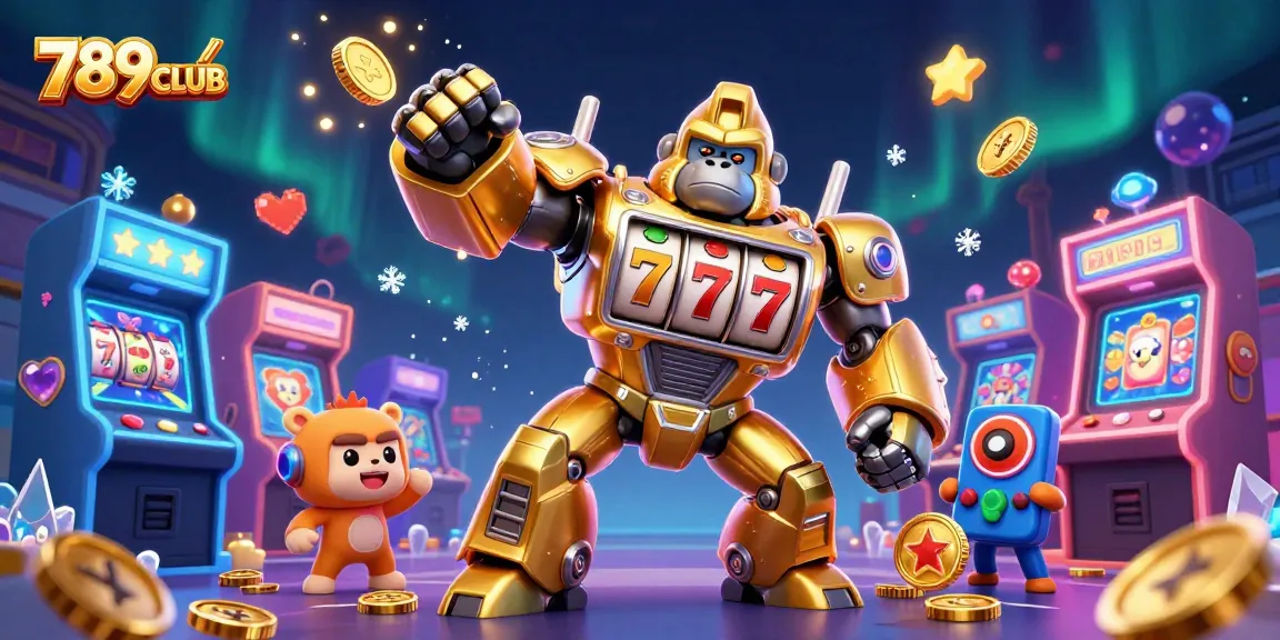 Experience thrilling gameplay with 789CLUB's vibrant atmosphere and golden transformer mech dominating the casino scene.